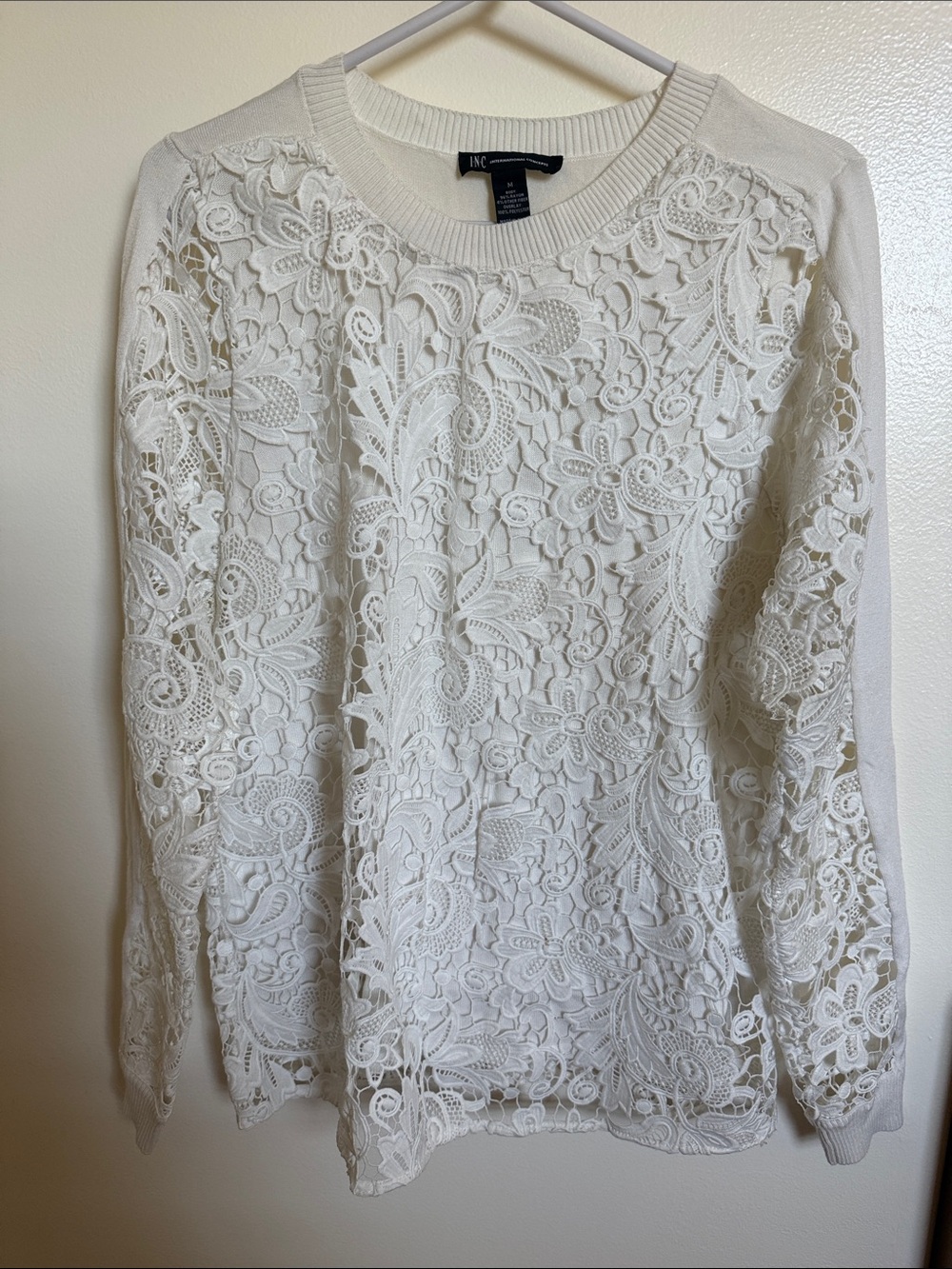 INC International Concepts Cream Floral Lace Crewneck Sweater